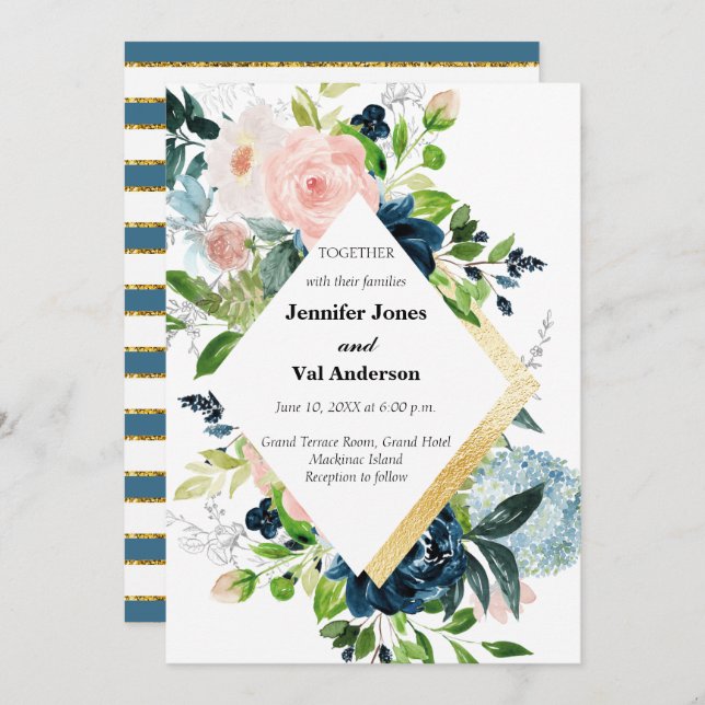 Navy Peach and Gold Watercolor Floral Wedding Invitation (Front/Back)