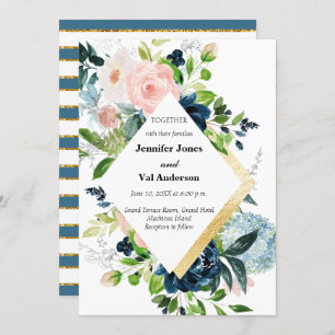 Navy Peach and Gold Watercolor Floral Wedding Invitation