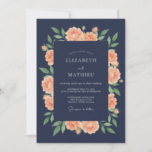 Navy Peach Blossom Wedding Invitation