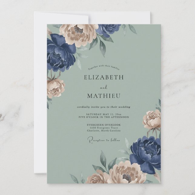 Navy Peach Botanical Embrace Wedding Invitation (Front)