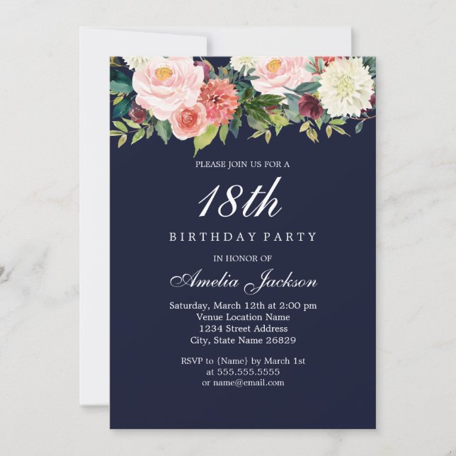 Navy Peach Botanical Floral 18th Birthday Invitation (Front)