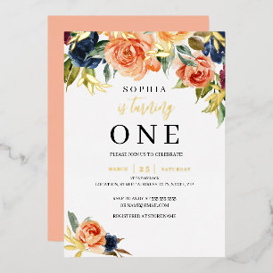 Navy Peach Floral Fall Autumn Girl 1st Birthday 