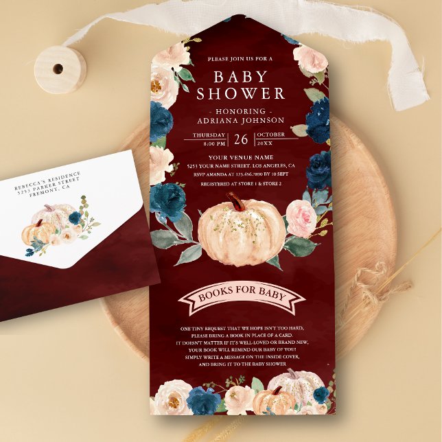 Navy Peach Floral Pumpkin Burgundy Red Baby Shower All In One Invitation (Creator Uploaded)