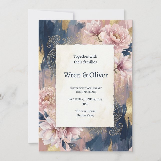 Navy Peach Floral Wedding Invitation (Front)