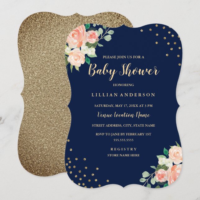 Navy Peach Gold Floral Confetti Baby Shower Invitation (Front/Back)