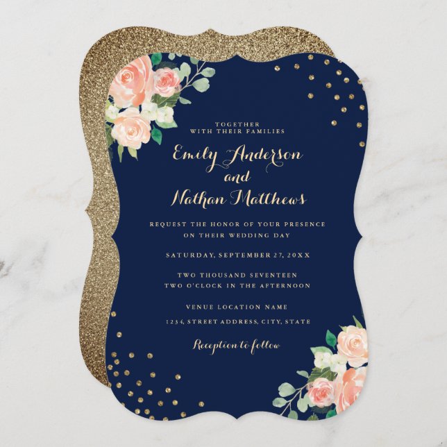 Navy Peach Gold Floral Confetti Wedding Invitation (Front/Back)