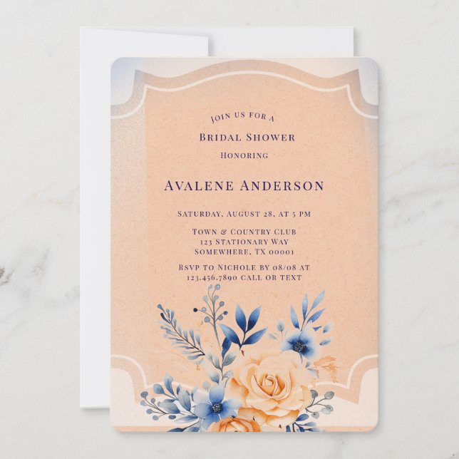 Navy Peach Painted Floral Bridal Shower Invitation (Front)