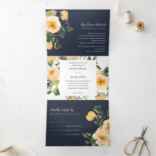 NAVY PEACH PEONY FLORAL WATERCOLOR WEDDING Tri-Fold INVITATION