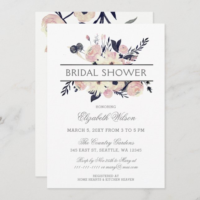 Navy Peach Pink Floral Spring Bridal Shower Invitation (Front/Back)
