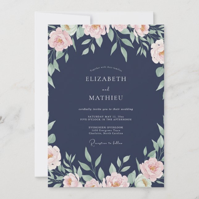 Navy Peach Ranunculus Eucalyptus Wedding Invitation (Front)