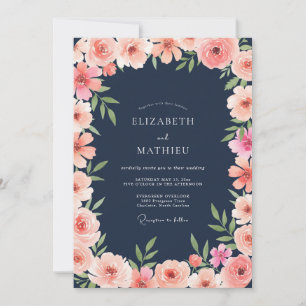 Navy Peach Watercolor Floral Wedding Invitation