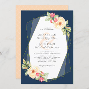 Navy Peach Watercolor Flowers Geometric Wedding Invitation