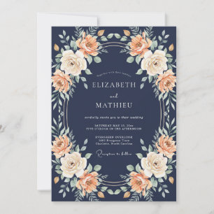 Navy Peachy Rose Botanical Wedding Invitation