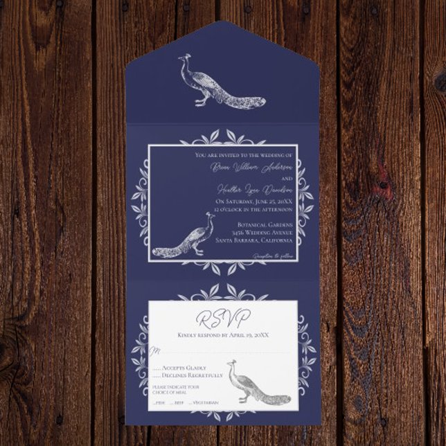 Navy Peacock Flourish All In One Invitation (Navy Peacock Flourish All in One Invitation)