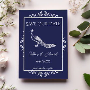 Navy Peacock Flourish Save The Date Announcement