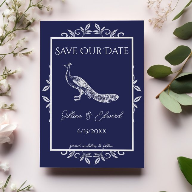 Navy Peacock Flourish Save The Date Announcement (Navy Blue Peacock Flourish Save the Date)
