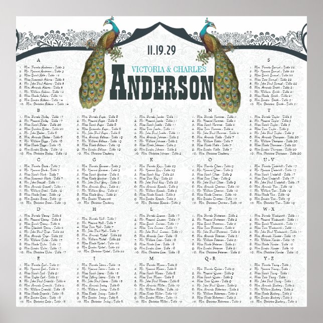 Navy  Peacock Love Bird Seating Chart (Front)
