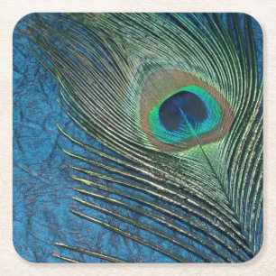 Navy Peacock Square Paper Coaster
