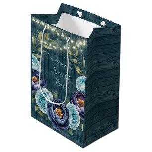 Navy Peonies and Turquoise Rose Light Wedding Medium Gift Bag
