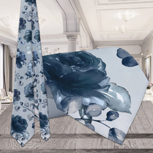 Navy Peonies Dusty Blue Greenery Grey Wedding  Tie