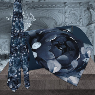 Navy Peonies Silver Eucalyptus Wedding Tie