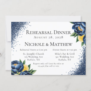 Navy Peony and Citrus Floral Rehearsal Dinner Invitation