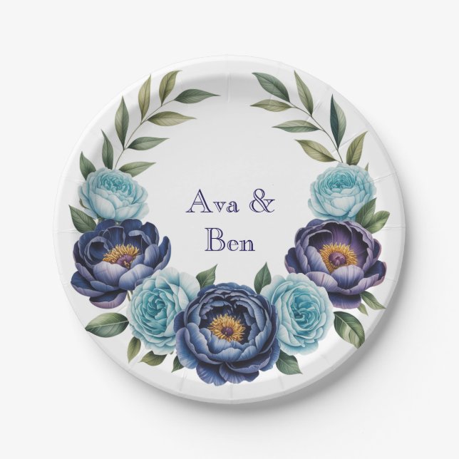 Navy Peony and Turquoise Roses Floral Wedding Paper Plate (Front)