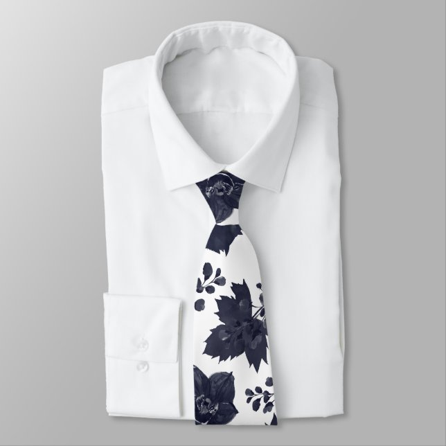 Navy Peony And White Elegant Wedding Tie (Tied)