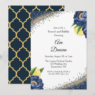 Navy Peony Citrus Painted Floral Brunch & Bubbly Invitation