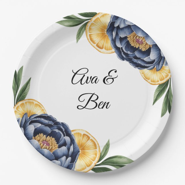 Navy Peony Citrus Watercolor Floral Wedding Paper Plate (Front)