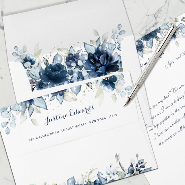Navy Peony Eucalyptus Greenery Letterhead Mailing  Envelope (Creator Uploaded)