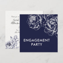 Navy Peony Simple Engagement Party Invitation