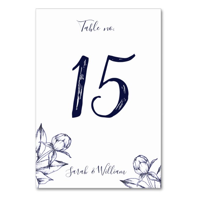 Navy Peony Simple Table Numbers Card (Front)