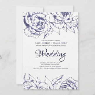 Navy Peony Simple Wedding Invitation