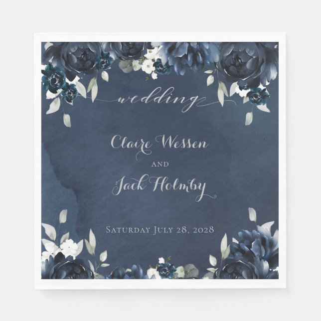 Navy Peony Wedding Square Luncheon Napkins (Front)
