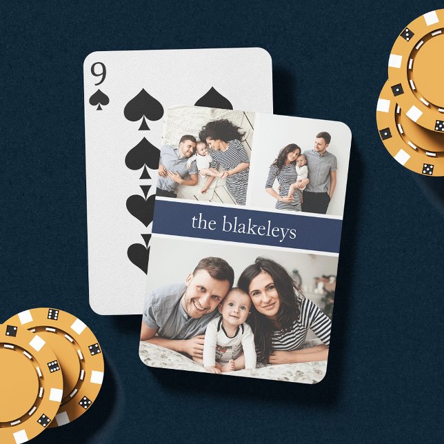 Navy | Personalised Family Name Photo Collage Playing Cards (Creator Uploaded)