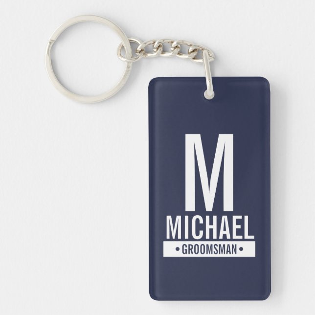 Navy Personalised Groomsman's Monogram and Name Key Ring (Front)