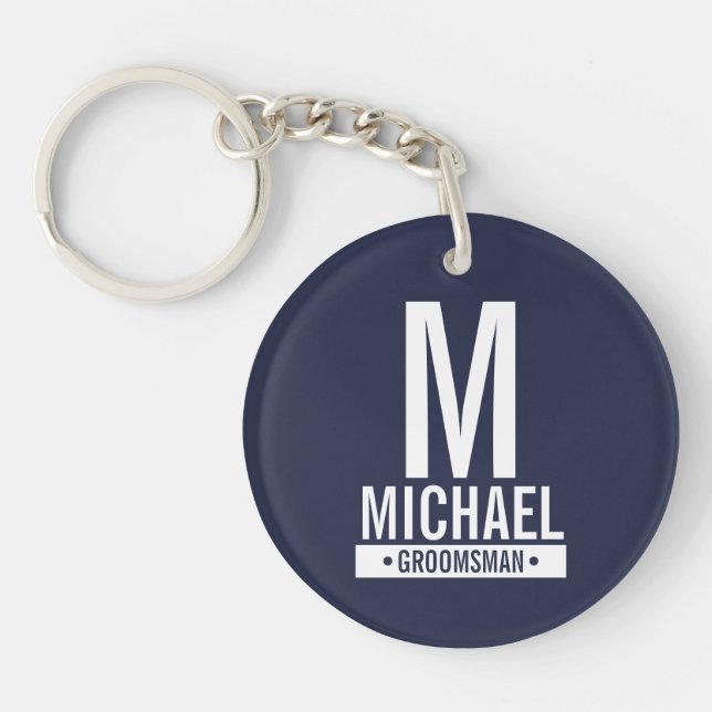 Navy Personalised Groomsman's Monogram and Name Key Ring (Front)