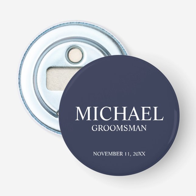 Navy Personalised Groomsman's Name and Monogram Bottle Opener (Front)