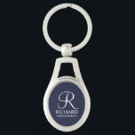 Navy Personalised Groomsman's Name and Monogram Key Ring<br><div class="desc">Elegant Black and White Personalised Groomsman Gifts featuring personalised monogram in white elegant script font style with groomsman's name and title in classic serif font style on navy blue background. Also perfect for best man, father of the bride, bridesmaid, maid of honour, flower girl, mother of the bride and more....</div>