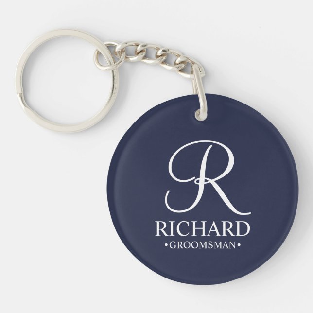 Navy Personalised Groomsman's Name and Monogram Key Ring (Front)