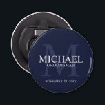 Navy Personalised Groomsmen's name and monogram Bottle Opener<br><div class="desc">Add a personal touch to your wedding with personalised groomsmen bottle opener. This bottle opener features personalised groomsman's name with title and wedding date in white and monogram in light navy blue as background, in classic serif font style, on navy blue background. Also perfect for best man, father of the...</div>