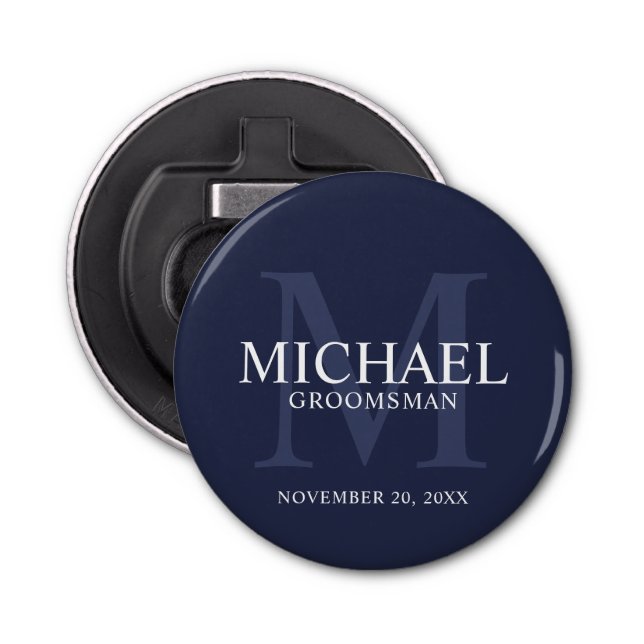 Navy Personalised Groomsmen's name and monogram Bottle Opener (Front)