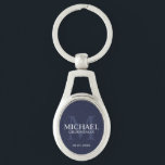 Navy Personalised Groomsmen's name and monogram Key Ring<br><div class="desc">Add a personal touch to your wedding with personalised groomsmen keychain. This keychain features personalised groomsman's name with title and wedding date in white and monogram in light navy blue as background, in classic serif font style, on navy blue background. Also perfect for best man, father of the bride, ring...</div>