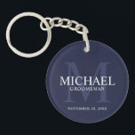 Navy Personalised Groomsmen's name and monogram Key Ring<br><div class="desc">Add a personal touch to your wedding with personalised groomsmen keychain. This keychain features personalised groomsman's name with title and wedding date in white and monogram in light navy blue as background, in classic serif font style, on navy blue background. Also perfect for best man, father of the bride, ring...</div>
