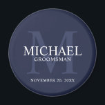 Navy Personalised Groomsmen's name and monogram Magnet<br><div class="desc">Add a personal touch to your wedding with personalised groomsmen magnet. This magnet features personalised groomsman's name with title and wedding date in white and monogram in light navy blue as background, in classic serif font style, on navy blue background. Also perfect for best man, father of the bride, ring...</div>