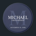 Navy Personalised Groomsmen's name and monogram Magnet<br><div class="desc">Add a personal touch to your wedding with personalised groomsmen magnet. This magnet features personalised groomsman's name with title and wedding date in white and monogram in light navy blue as background, in classic serif font style, on navy blue background. Also perfect for best man, father of the bride, ring...</div>