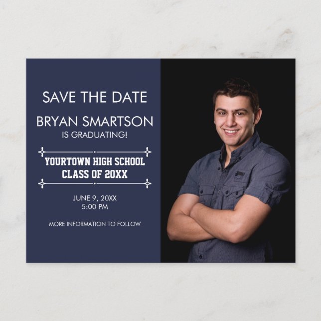 Navy Personalised Photo Graduation Save the Date Postcard (Front)