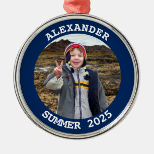 Navy Personalised Round Family Photo Metal Ornament