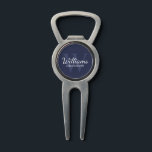 Navy Personalised Script Groomsmen Name&Monogram Divot Tool<br><div class="desc">Add a personal touch to your wedding with personalised groomsmen divot tool. This divot tool features personalised groomsman's name in white classic script font style with wedding details in white classic serif font style and monogram in light navy blue classic serif font style as background, on navy blue background. Also...</div>